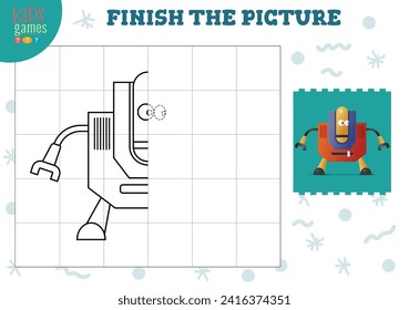 Copy picture vector illustration. Complete and coloring game for preschool and school kids. Cute funny robot for drawing and education activity