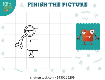 Copy picture vector illustration. Complete and coloring game for preschool and school kids. Cute humanoid robot outline for drawing and education activity