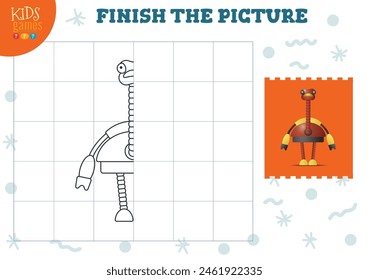 Copiar Ilustración vectorial de imagen. Juego completo y para colorear para niños de preescolar y escuela. Lindo robot divertido para el dibujo y la actividad educativa