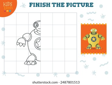 Copiar Ilustración vectorial de imagen. Juego completo y para colorear para niños de preescolar y escuela. Lindo esquema de robot humanoide para dibujo y actividad educativa
