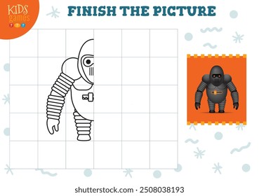 Copy picture vector illustration. Complete and coloring game for preschool and school kids. Cute humanoid robot outline for drawing and education activity