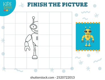 Copiar Ilustración vectorial de imagen. Juego completo y coloreado para niños en edad preescolar y escolar. Pequeño robot lindo para el dibujo y la actividad de aprendizaje