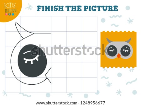 Copy picture vector illustration. Complete and coloring game for preschool and school kids. Cute owl outline for drawing and education activity 