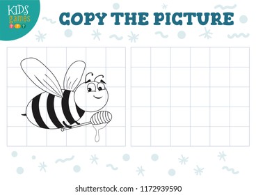 Copy picture vector illustration. Educational game for preschool kids. Cartoon outline bee for drawing 