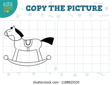 Copy picture vector illustration. Educational game for preschool kids. Cartoon outline rocking horse for drawing 