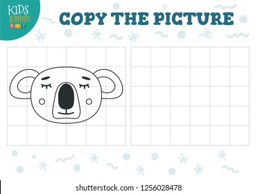 Copy picture vector illustration. Educational game for preschool kids. Cartoon outline koala head for drawing 