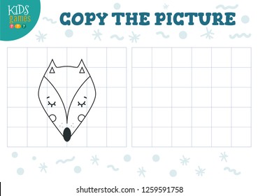 Copy picture vector illustration. Educational game for preschool kids. Cartoon outline fox head for drawing 