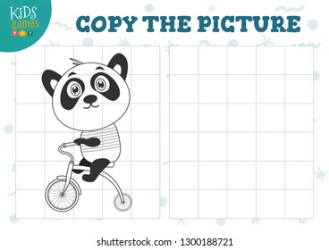 Copy picture vector illustration. Educational game for preschool kids. Cartoon outline panda bear on bike for drawing exercise 