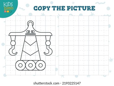 Copy picture vector illustration.Coloring game for preschool and school kids. Cute little robot for drawing and learning activity