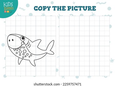 Copy picture vector illustration.Coloring game for preschool and school kids. Cute little shark for drawing and learning activity
