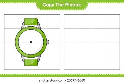 Copia la imagen, copia la imagen de Relojes usando líneas de cuadrícula. Juego infantil educativo, hoja de cálculo imprimible, ilustración vectorial