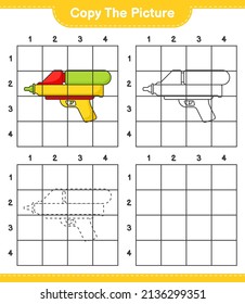 Copy the picture, copy the picture of Water Gun using grid lines. Educational children game, printable worksheet, vector illustration