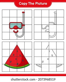 Copy the picture, copy the picture of Watermelon and Scuba Diving Mask using grid lines. Educational children game, printable worksheet, vector illustration