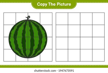 Copy the picture, copy the picture of Watermelon using grid lines. Educational children game, printable worksheet, vector illustration