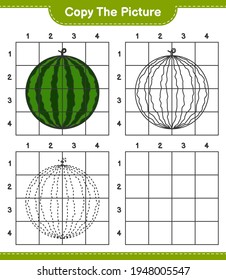 Kopieren Sie das Bild und kopieren Sie das Bild von Watermelon mithilfe von Rasterlinien. Kinderspiel, druckbares Arbeitsblatt, Vektorgrafik