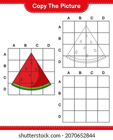 Copy the picture, copy the picture of Watermelon using grid lines. Educational children game, printable worksheet, vector illustration