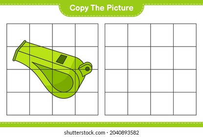 Copie la imagen, copie la imagen de Silbato utilizando líneas de cuadrícula. Juego infantil educativo, hoja de cálculo imprimible, ilustración vectorial