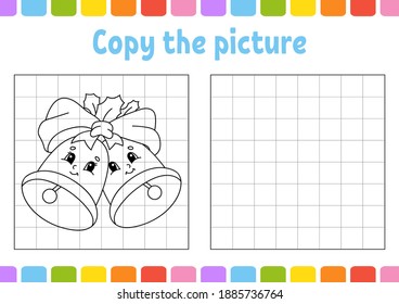 Copy the picture. Winter theme. Coloring book pages for kids. Education developing worksheet. Game for children. Handwriting practice. Funny character. Cute cartoon vector illustration.