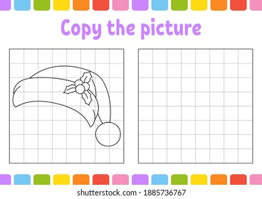 Copy the picture. Winter theme. Coloring book pages for kids. Education developing worksheet. Game for children. Handwriting practice. Funny character. Cute cartoon vector illustration.