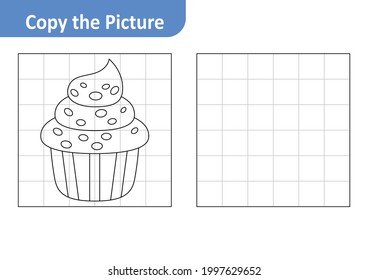 Copy the picture worksheet for kids, cupcake vector