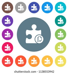 Copy plugin flat white icons on round color backgrounds. 17 background color variations are included.