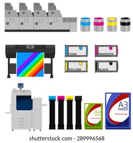 Copy and polygraph equipment. Business press machines. Color media collection. Color Ink and cartridge. Paper for laser and ink print. Copy and scan. Laser, ink, offset machine.  Publisher industry.