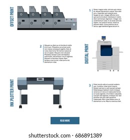 Copy and polygraph equipment. Business press machines. Color media collection. Color Ink and cartridge. Paper for laser and ink print. Copy and scan. Laser, ink, offset machine. Banner template.