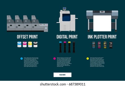 Copy and polygraph equipment. Business press machines. Color media collection. Color Ink and cartridge. Paper for laser and ink print. Copy and scan. Laser, ink, offset machine. Banner template.