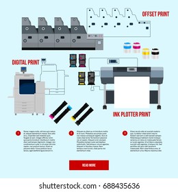 Copy and polygraph equipment. Business press machines. Color media collection. Color Ink and cartridge. Paper for laser and ink print. Copy and scan. Laser, ink, offset machine. Banner template.