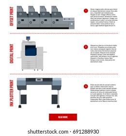 Copy and polygraph equipment. Business press machines. Color media collection. Color Ink and cartridge. Paper for laser and ink print. Copy and scan. Laser, ink, offset machine. Banner template.