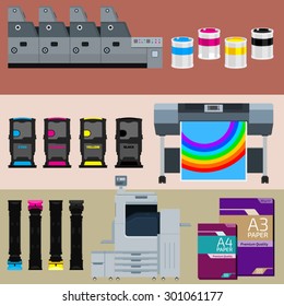 Copy and printing polygraph equipment. Business media and polygraph collection. Vector publisher element. Cyan, magenta, yellow, black paint. Color Ink and cartridge. Paper for laser and ink print. 