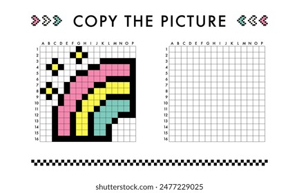 Copy the rainbow picture game. Drawing with squares. Educational worksheet for kids. Coloring activity for preschool and school children. Pixel art vector illustration. Printable pattern