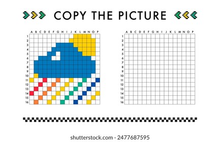 Copy the rainbow, sky, sun picture game. Drawing with squares. Educational worksheet for kids. Coloring activity for preschool and school children. Pixel art vector illustration. Printable pattern