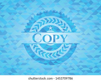 Copy realistic sky blue emblem. Mosaic background