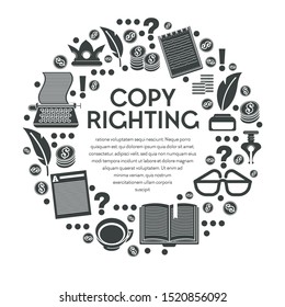 Copy righting poster with typewriter and notebooks in circle vector. Copyright monochrome icons of glasses and cup of coffee. Feather in ink pot, vintage pen and dollar coins with question mark
