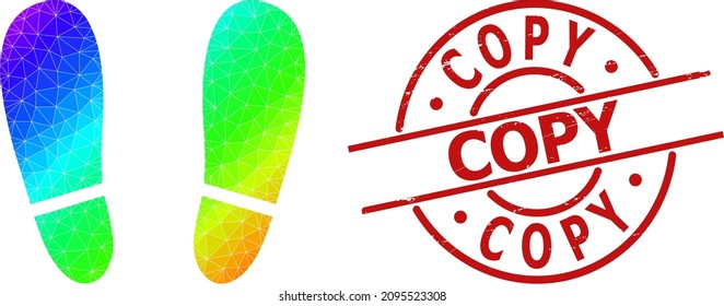 COPY scratched seal, and low-poly spectral colored human footprints icon with gradient. Red seal has Copy caption inside round and lines shape.