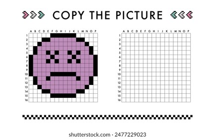 Copy the smile, sad face picture game. Drawing with squares. Educational worksheet for kids. Coloring activity for preschool and school children. Pixel art vector illustration. Printable pattern