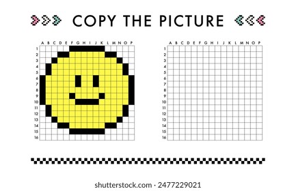 Copy the smiling face picture game. Drawing with squares. Educational worksheet for kids. Coloring activity for preschool and school children. Pixel art vector illustration. Printable pattern