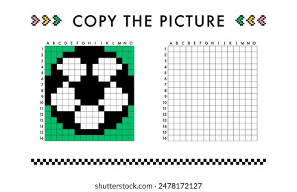 Copy the Soccer ball picture game. Football. Drawing with squares. Educational worksheet for kids. Coloring activity for preschool and school children. Pixel art vector illustration. Printable pattern