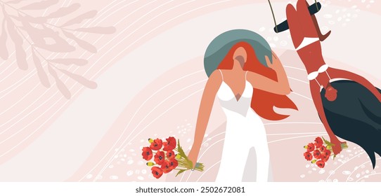 Fondo de espacio de copia con chicas de pareja multirraciales para spa de belleza, salud y belleza de las mujeres, menstruación y Anuncio de amor propio. Diseño plano de Anuncio de Vector, dibujado a mano.