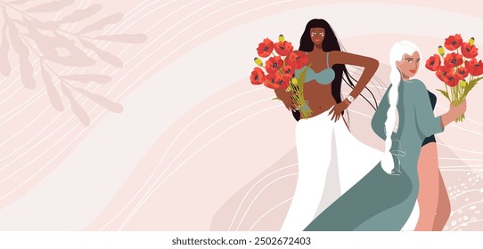 Copy space background with multiracial couple girls for beauty spa, women health and beauty, menstruation and self love banner. Vector banner flat design, hand drawn.
