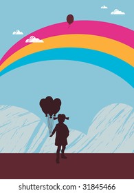 copy space background with rainbow and girl with balloons.