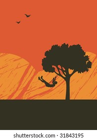 copy space background with silhouette of child on a tree swing