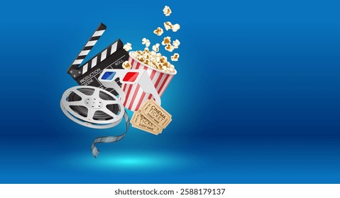 Copy space banner. Illustration of 3D realistic cinema elements, including a film reel, popcorn bucket, 3D glasses, clapperboard, and tickets, with a blue gradient background.