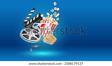Copy space banner. Illustration of 3D realistic cinema elements, including a film reel, popcorn bucket, 3D glasses, clapperboard, and tickets, with a blue gradient background.