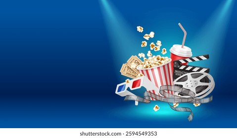 Copy space banner. Illustration of floating 3D realistic cinema objects including a popcorn bucket, tickets, clapperboard, soda, and film reel on a dramatic blue background.