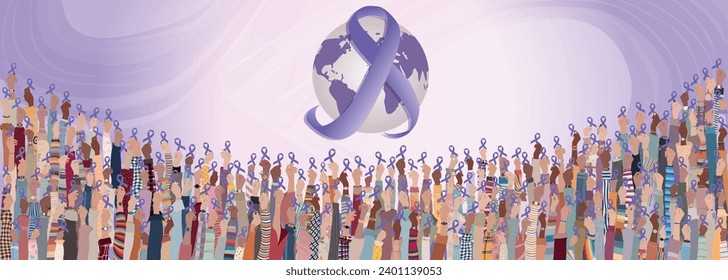 Copy space banner with many raised hands of people holding a purple ribbon on a background with a globe earth for the World cancer day event.Awareness prevention treatment.Cancer survivor 