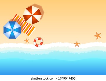 Copy space beach vector illustration, beach resort illustration with sand, sea and umbrellas, empty space for your text, your text can be here