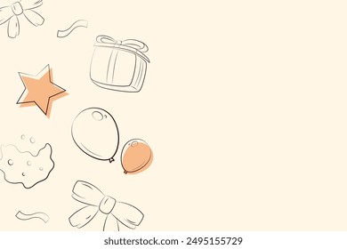 Copy Space Birthday Party Background Banner with Balloons, Stars, and Gift Box Vector Line Illustration