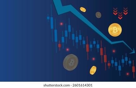 Copy Space Bitcoin and glow arrow down, Bitcoin blockchain technology banner or or cover. Isometric vector illustration	